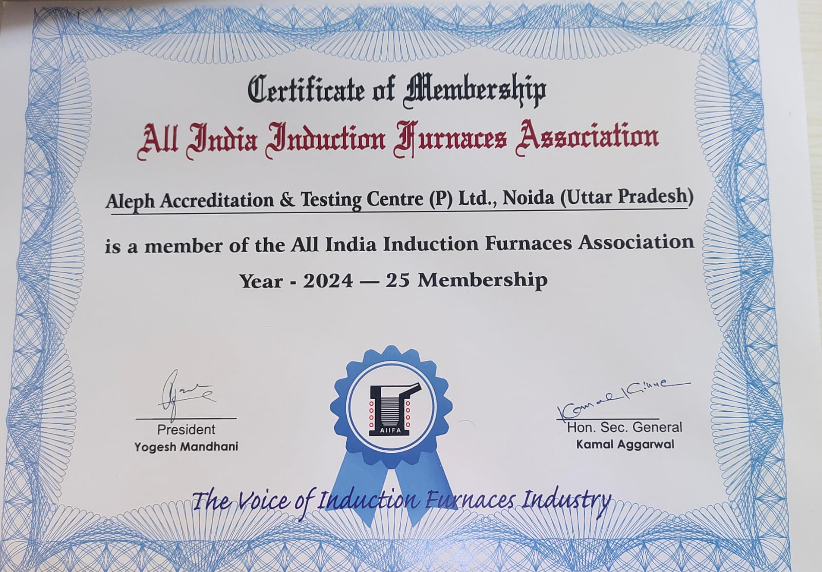 All India Furnace Association Certificate